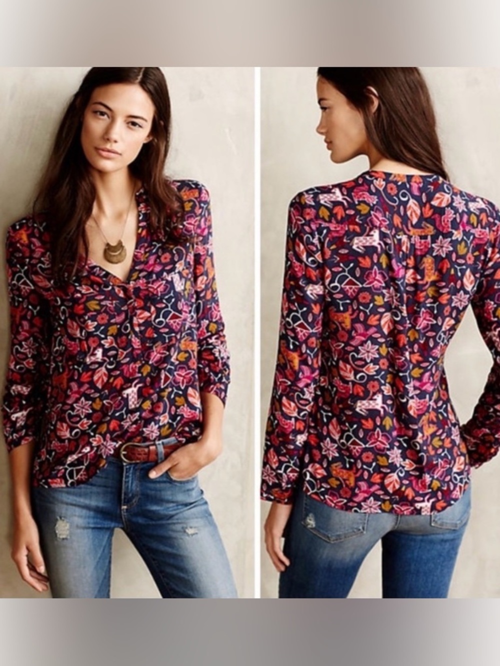 Maeve Moonflower henley blouse top Anthropologie size 8